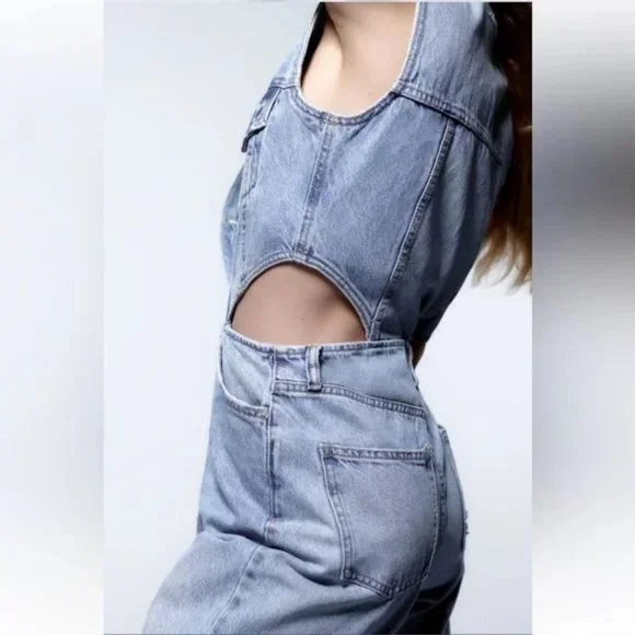 ZARA FULL LENGTH CUT OUT DENIM JUMPSUIT - Picture 3 of 7